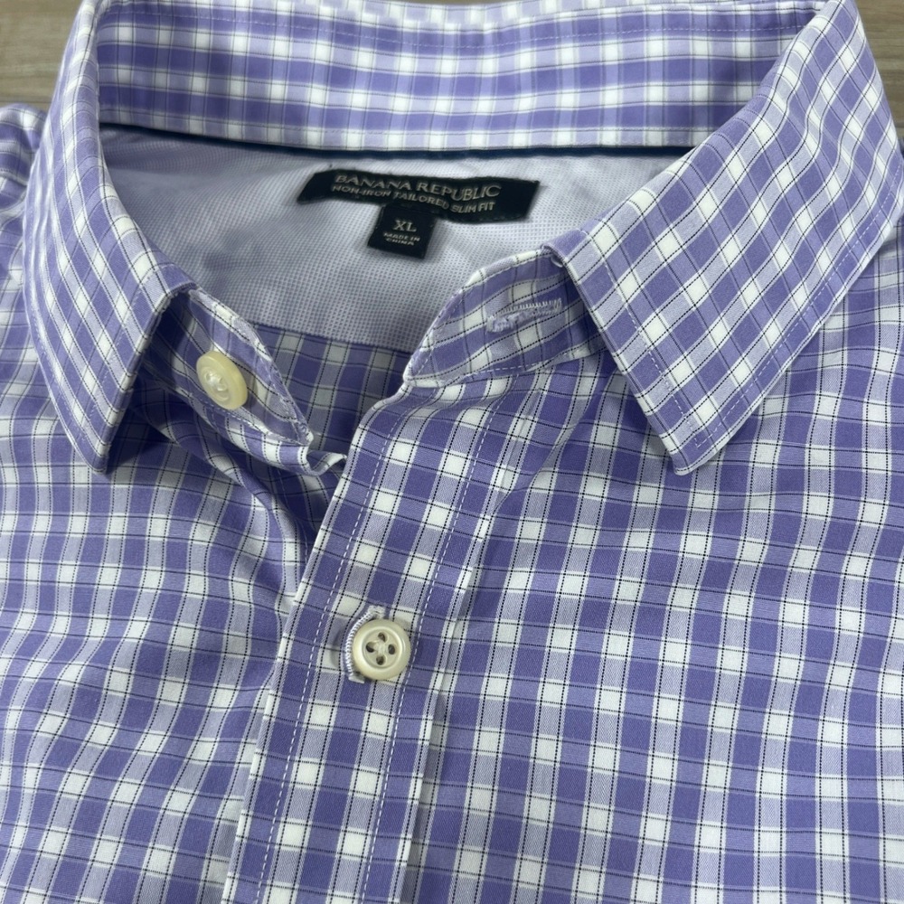 Banana Republic Mens XL Non-Iron Tailored Slim Fit Purple Gingham Dress Shirt